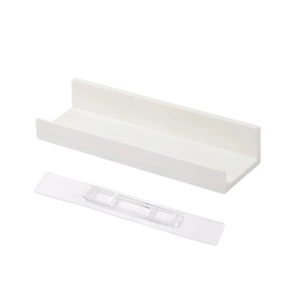 Prateleira de banho autocolante em plástico 27 x 8,5 x 5 cm Branca sem perfuração Suporte para produtos de higiene Prateleira de parede à prova 1