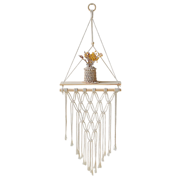 Prateleira de madeira suspensa 100 x 35 cm prateleira de parede com corda e pendente decorativo com franjas 1