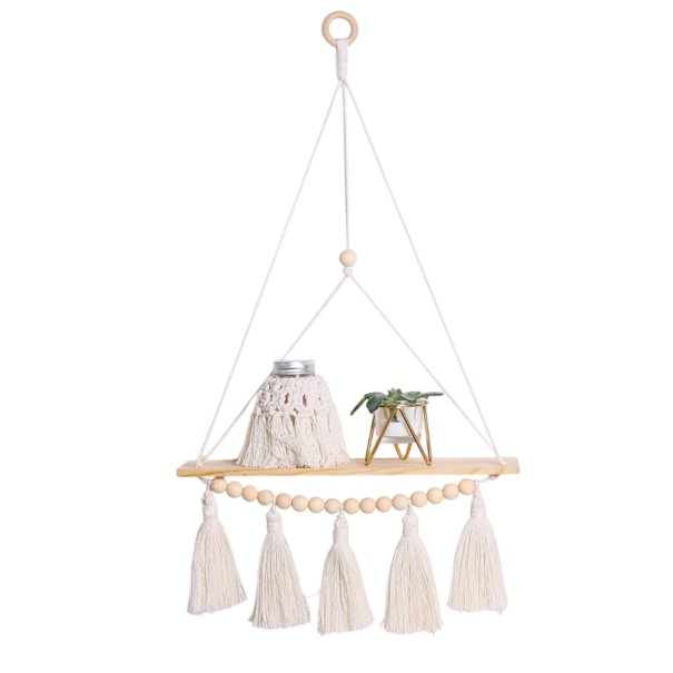 Prateleira de madeira suspensa 63 x 35 cm Prateleira decorativa em corda com franjas e contas de madeira Decoração de parede 1
