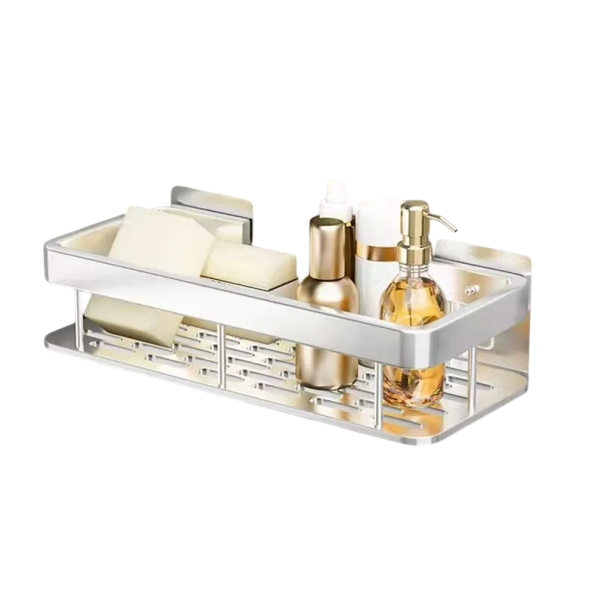 Prateleira retangular para casa de banho 30x13x5,5 cm Prateleira de chuveiro autocolante em inox Sem perfuração Organizador de cosméticos e acessórios prateado