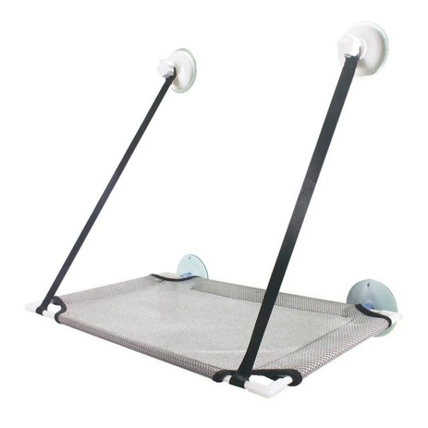 Prateleira suspensa cama com ventosas para vidro e correias de nylon para animais de estimação Dimensões 50 x 30 cm, comprimento das correias 45 + 25 cm branco