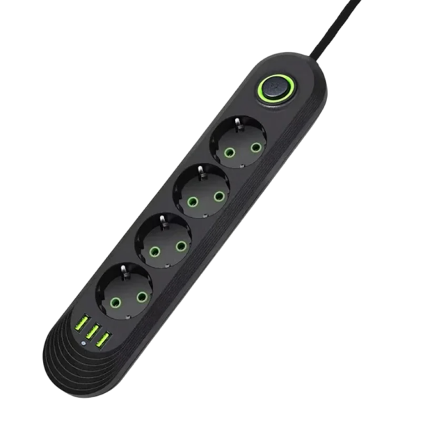 Predlžovací kábel EU 2m 4AC 2500W s vypínačom a kontrolkou Sieťový filter 3× USB A 2.1A 5V Elektrická zásuvka kancelársky adaptér univerzálny čierna