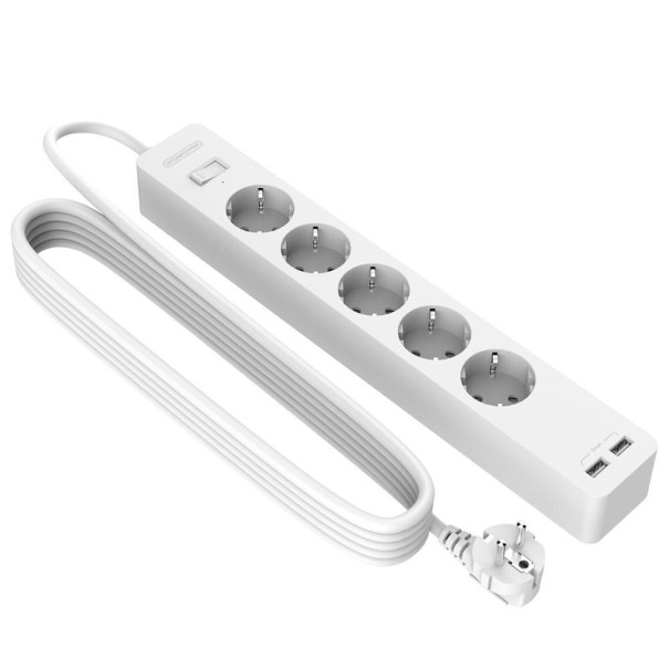 Predlžovací prívod 5x zásuvka, 2x USB biela 3 m