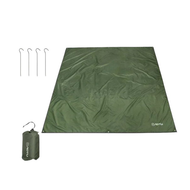 Prelată de cort impermeabilă verde 220 x 150 cm cu 4 cuie din aluminiu, husă de protecție pentru exterior, prelată pentru camping și drumeții 1