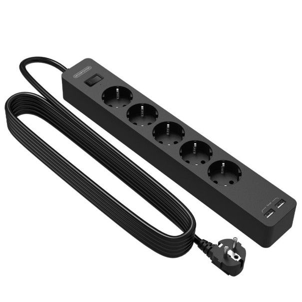 Prelungitor 5x priză, 2x USB negru 3 m