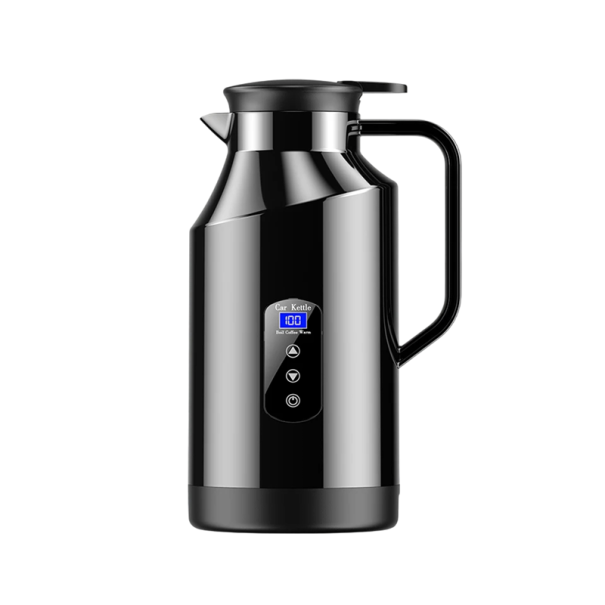 Přenosná autokonvice 1500 ml s napájením 12 V i 24 V a ohřevem do 100 °C s regulací teploty a dotykovým displejem stříbrno-černá do auta 1
