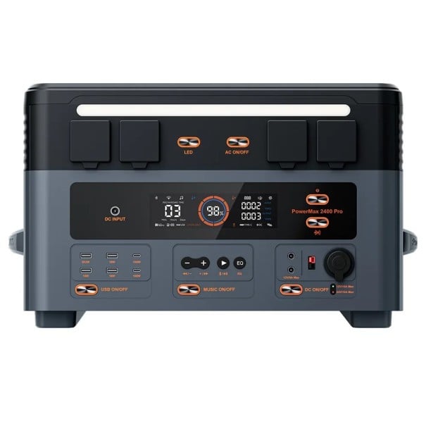 Přenosná elektrárna OSCAL PowerMax 2400 Pro S výkonem 2400 W a reproduktorem 2016 Wh LiFePO4 Šedočerná Na kempování i výpadky proudu 1