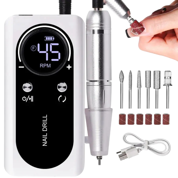 Přenosná elektrická bruska na nehty 45000RPM s LCD displejem, dobíjecí a nízkohlučná manikúra pro salon, 2h dobíjení, 10h výdrž bílá