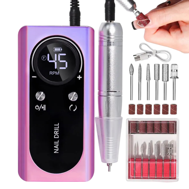Přenosná elektrická bruska na nehty 45000RPM s LCD displejem, dobíjecí a nízkohlučná manikúra pro salon, 2h dobíjení, 10h výdrž fialová