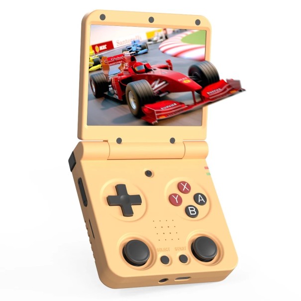 Přenosná herní konzole Miyoo Flip V2 64GB s IPS displejem Linux HDMI WiFi Bluetooth skládací retro konzole s hrami žlutá