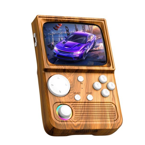 Přenosná retro herní konzole 128 GB s 22000+ hrami hnědý dřevěný vzhled RGB podsvícení kolečka kapesní hraní béžova
