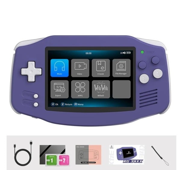 Přenosná retro herní konzole ANBERNIC RG34XX 3,4" kvalitní displej 3500 mAh Linux WiFi Bluetooth kapesní hraní fialová