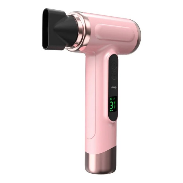 Přenosný bezdrátový fén na vlasy dobíjecí přes USB s nástavcem více rychlostí a teplot tichý studený i teplý vzduch výška 23,5 cm na cesty růžová