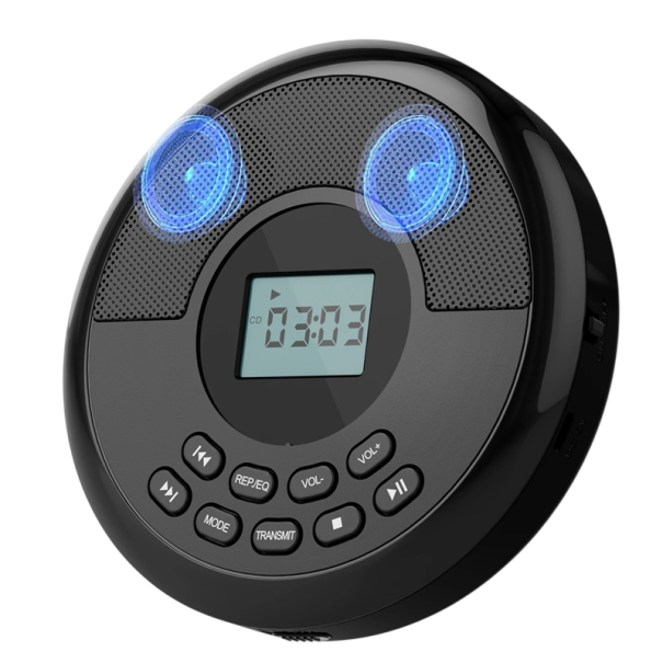 Přenosný CD walkman s Bluetooth vysílačem, vestavěnými reproduktory a sluchátky, LCD displej, 14,6x14,6x3 cm, pro hudbu na cesty černá