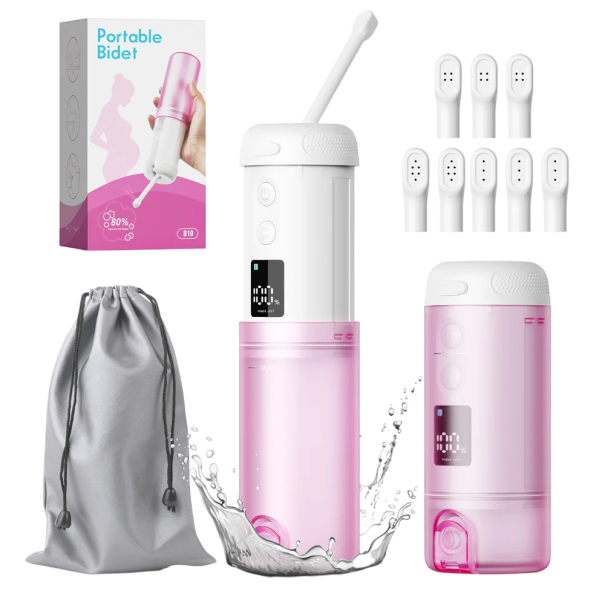 Přenosný elektrický bidet s 5 režimy a nádržkou 250 ml o rozměrech 14,3 x 6 cm s baterií 2000 mAh a USB-C nabíjením v růžovém provedení 1