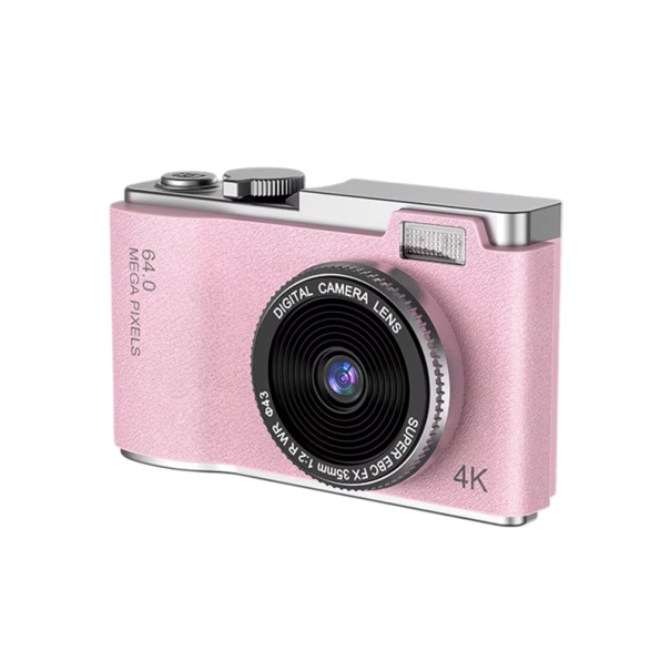 Přenosný fotoaparát 112 x 64 x 40 mm 48 MP UHD 4K CCD kamera 2,4" LCD duální objektiv 64GB karta retro vlog kamera růžová