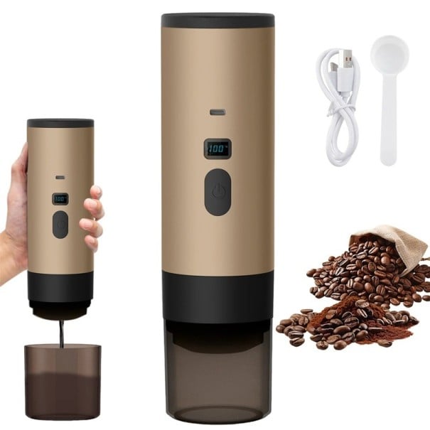 Přenosný kávovar na kapsle i mletou kávu s tlakem 15 bar baterií 2600 mAh a nabíjením USB-C s ohřevem na 90 °C a šálkem 120 ml na cesty béžova