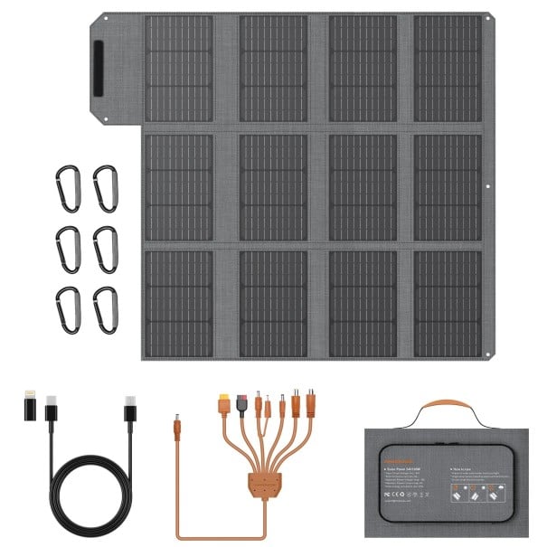 Přenosný skládací solární panel 120 W s DC portem a USB-C i USB QC 3.0 Sada se 7 v 1 kabelem a karabinami Šedý Na kempování a cesty 1