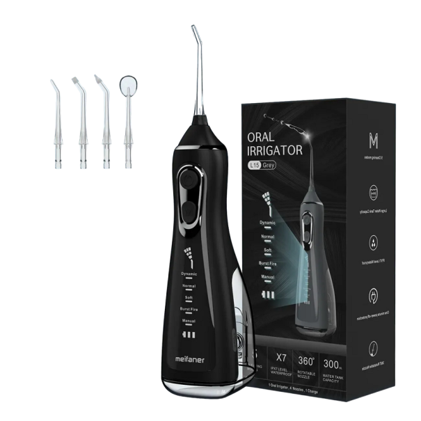 Přenosný ústní irigátor pro čištění mezizubních prostor 350 ml Ústní sprcha se 4 nástavci Bezdrátový elektrický dentální irigátor pro ústní hygienu 25,5 x 11,5 x 8 cm černá