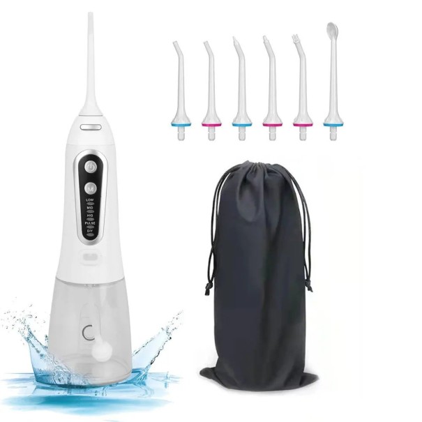 Přenosný ústní irigátor s 5 režimy IPX8 Vodotěsná ústní sprcha na čištění zubů s objemem 300 ml Bezdrátový elektrický irigátor Dentální vodní tryska pro péči o ústní dutinu 21,5 x 8,5 cm bílá