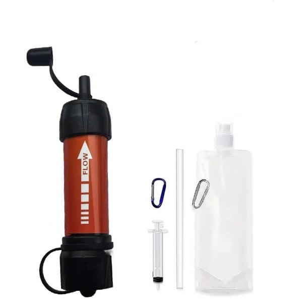 Přenosný vodní filtr 99,99 % odstranění bakterií 12×3 cm manuální pumpa pro kempování, turistiku a nouzové přežití oranžová