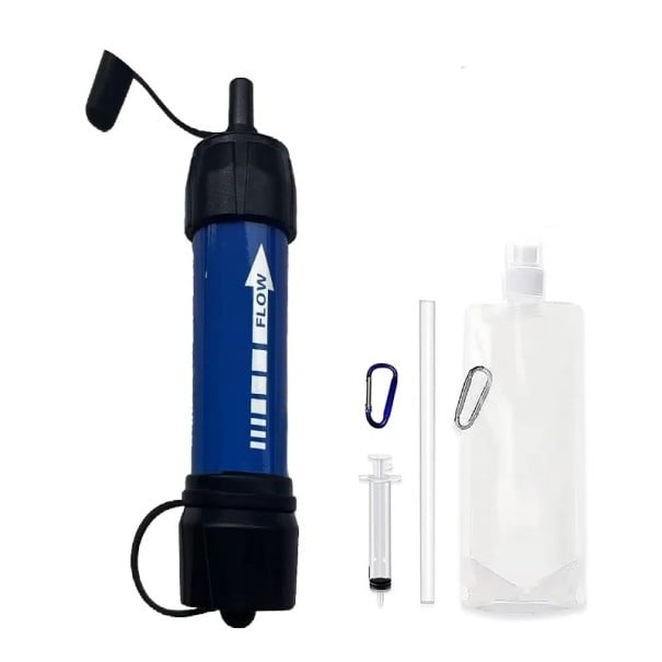 Prenosný vodný filter 99,99 % odstránenie baktérií 12×3 cm manuálna pumpa pre kempovanie, turistiku a núdzové prežitie modrá