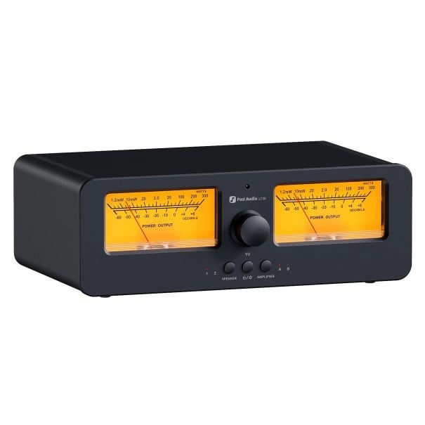 Přepínač reproduktorů LC30 s duálním analogovým VU metrem 2 v 2 výstupy nad 200 W na kanál DB panel a dálkové ovládání černý oranžová