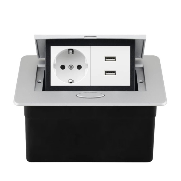 Presente a scomparsa 1× EU + 2× USB A 153 × 117 mm pannello in alluminio 250 V con pulsante di estrazione lenta per piano di lavoro bianco-grigio
