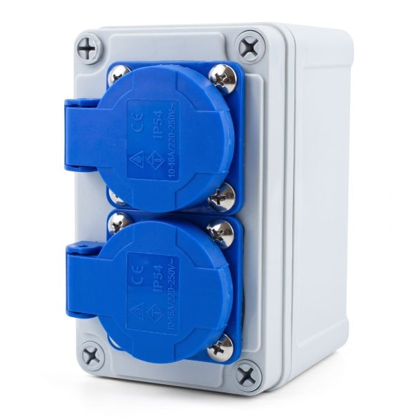 Presente esterno impermeabile da parete 2× EU 16A 220–250V, 130×80×85 mm, plastica ABS, grigio-blu, per casa, garage, officina e ricarica auto 1