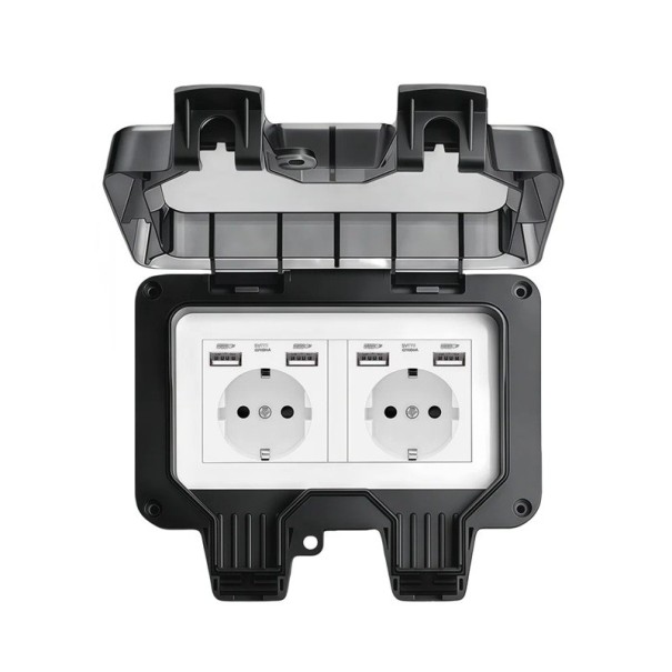 Presina da esterno impermeabile a doppia presa tipo EU con copertura IP66 e 4x USB, 16 A, 220 V, in plastica da parete, nera, per giardino, terrazza 1