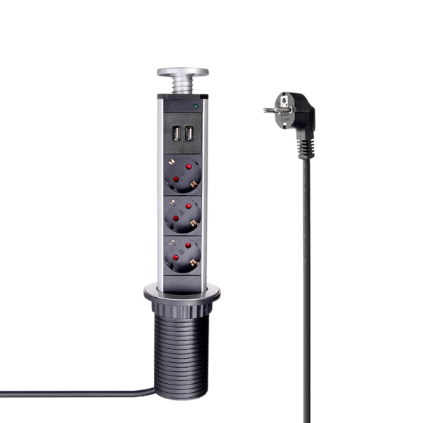 Presina da tavolo estraibile 110–250V con 3 prese e 2 porte USB 2,4 A Blocco di prese EU 16A con cavo da 2m 3G*1,5 mm² Casa Ufficio 1