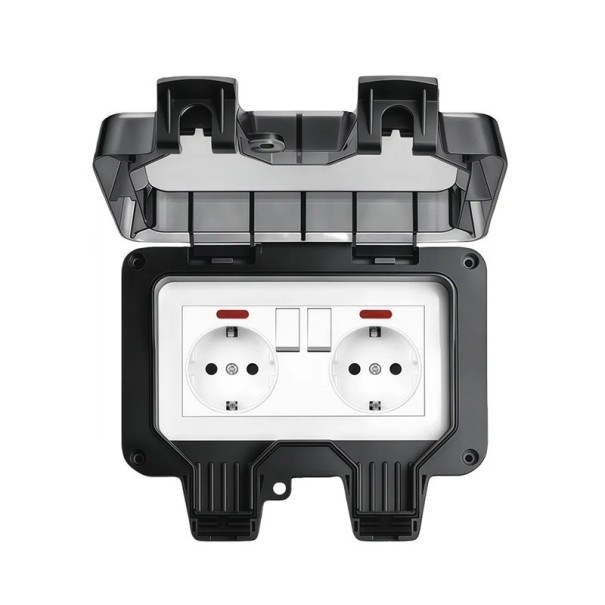 Presina doppia da esterno con interruttore e coperchio 16A 220V, impermeabile IP66, standard UE con messa a terra, nera, per giardino, terrazza 1