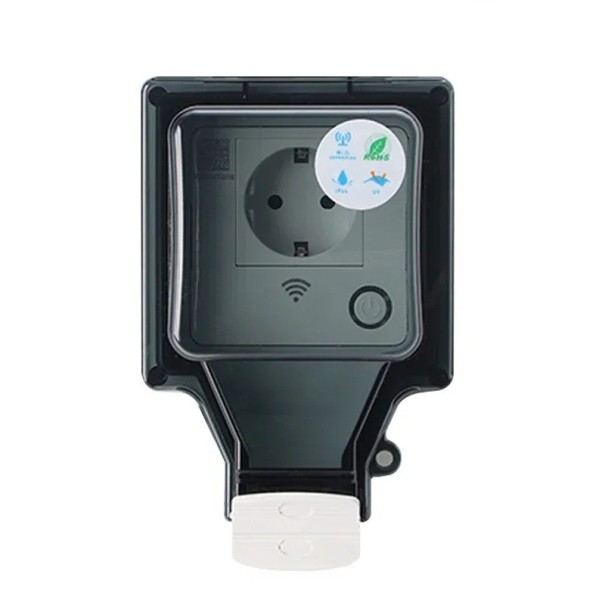 Presina WiFi da esterno EU con timer IP66 16A 110–250V a parete in ABS impermeabile, presa intelligente per giardino ed esterni 1
