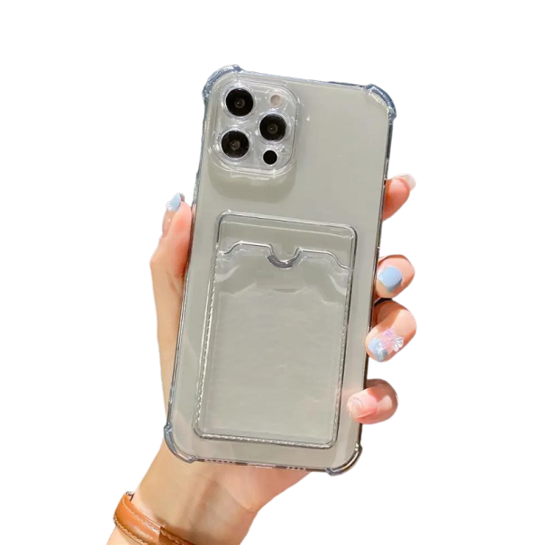Priehľadný kryt s vreckom na karty pre iPhone 15 sivá