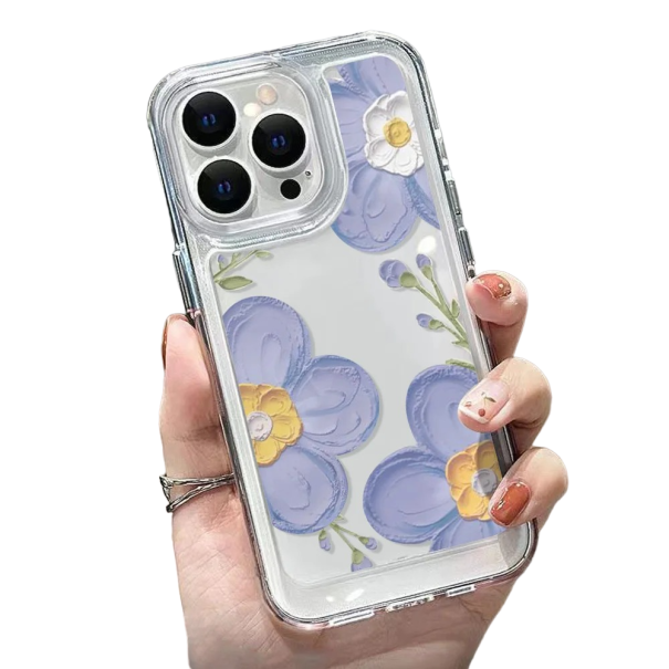 Priehľadný ochranný kryt na iPhone 15, modré kvety 1