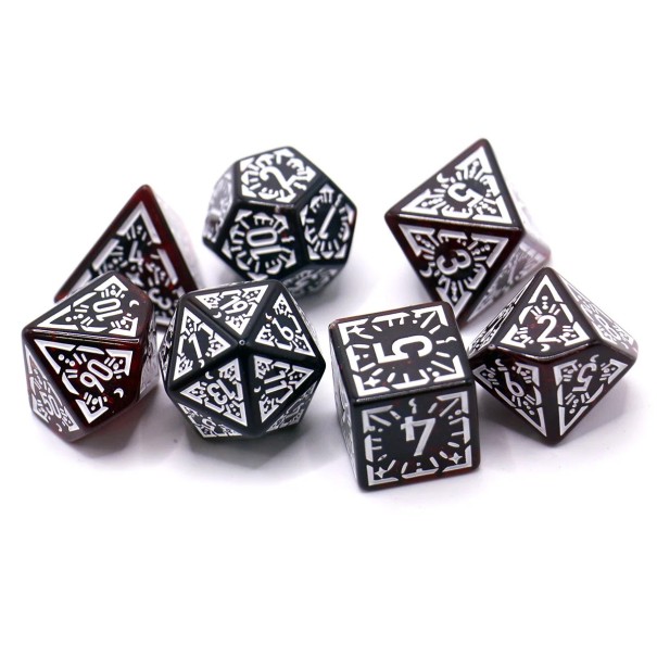 Priesvitné herné kocky 7 ks Tmavo červené fantasy kocky pre Dračí doupě RPG stolné hry a herné večery 1