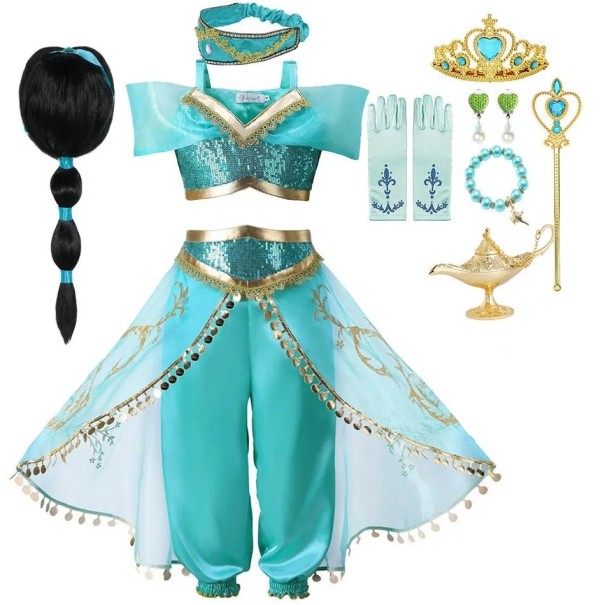 Prinzessin Jasmin Kostüm mit Zubehör Mädchen Prinzessin Jasmin Cosplay Kostüm Karnevalskostüm für Mädchen Halloween Kostüm 10