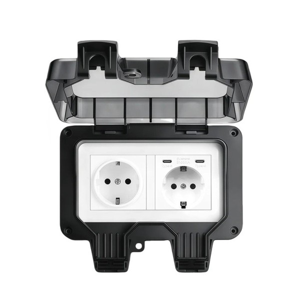 Prise double extérieure étanche IP66 avec couvercle et 2x USB-C, 16A 220V, avec mise à la terre, en plastique, noire, pour le jardin, la terrasse 1