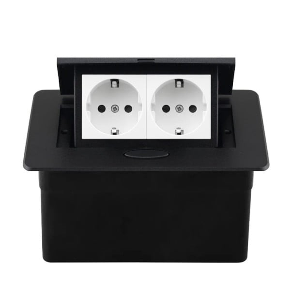 Prise intégrée rétractable 2× EU 153 × 117 mm en alliage d'aluminium avec bouton de déploiement lent pour plan de travail noir-blanc