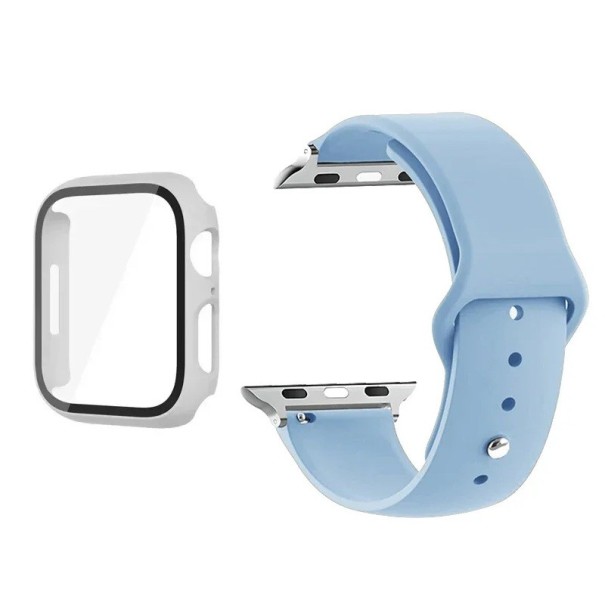 Příslušenství pro Apple Watch 46 mm Series 10 – 9H tvrzené sklo na displej, matné pouzdro rámečku hodinek a nastavitelný řemínek modrá