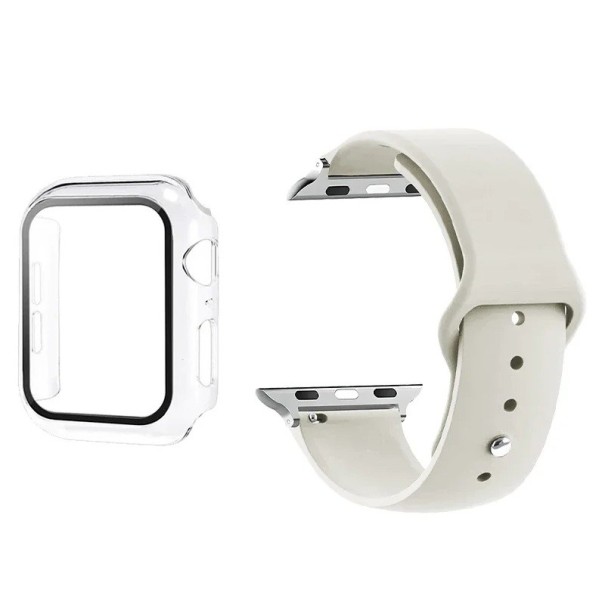 Příslušenství pro Apple Watch 46 mm Series 10 – 9H tvrzené sklo na displej, matné pouzdro rámečku hodinek a nastavitelný řemínek teplá bílá