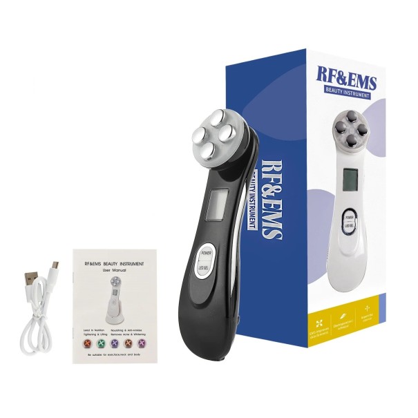 Přístroj na face lifting RF a EMS s LED terapií v 6 režimech a LCD displejem baterie 750 mAh 10 W USB-C nabíjení na obličej krk i tělo černá
