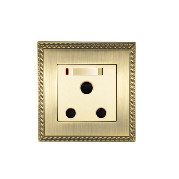 Priză de perete 15A simplă cu întrerupător și indicator, 86×90 mm, aliaj de zinc, bronz-aurie, design retro pentru acasă 1