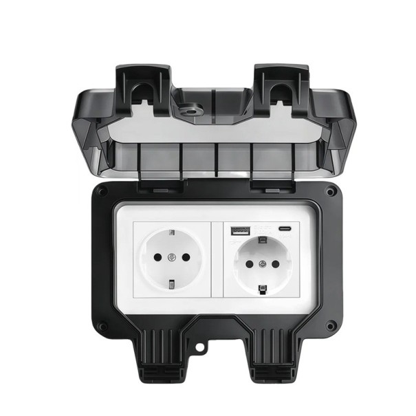 Priză dublă exterioară cu USB și USB-C, rezistentă la apă IP66, 16A 220V, din plastic pentru montaj pe perete cu capac, neagră, pentru grădină, terasă 1