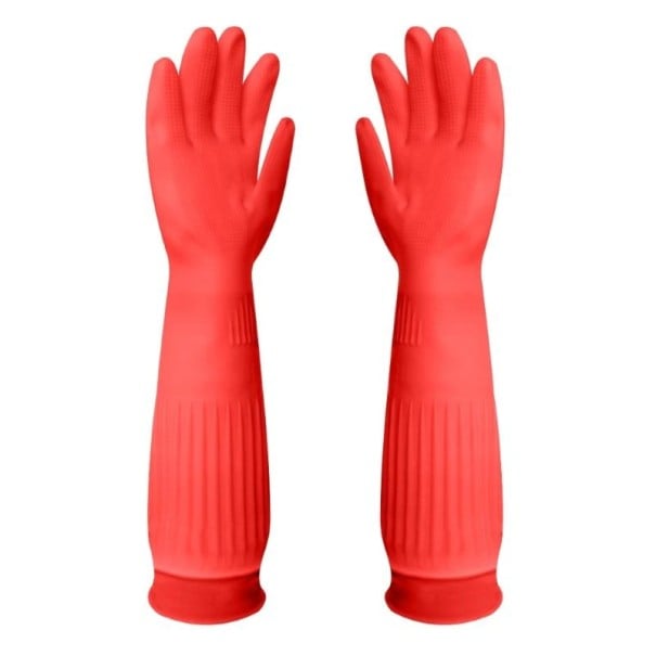 Prodloužené silikonové rukavice na mytí nádobí 1 pár délka cca 45 cm velikost L silikonové červené drhnoucí rukavice pro kuchyň úklid 1