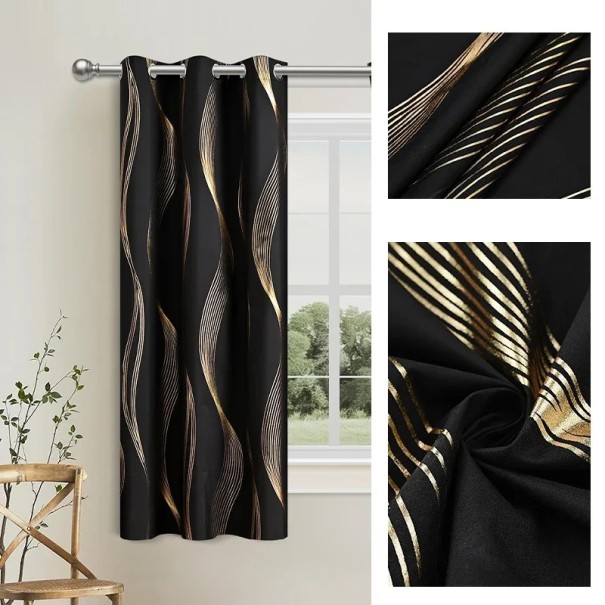 Prodloužený závěs se zvlněným lesklým motivem, 100 x 250 cm, polyesterová záclona s kroužky pro balkonové dveře a vysoká okna černá