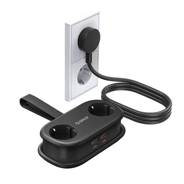 Prodlužovačka se 2 zásuvkami a 4 USB porty PD 65 W nabíjecí stanice USB-A 18 W a USB-C 65 W 100 až 250 V do domácnosti i kanceláře černá