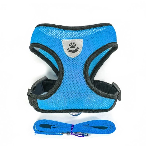 Prodyšný síťovaný postroj pro psy s vodítkem Příslušenství pro malé psy a štěňata Set postroje a vodítka Vesta s reflexními prvky 1,5 - 2,5 kg modrá