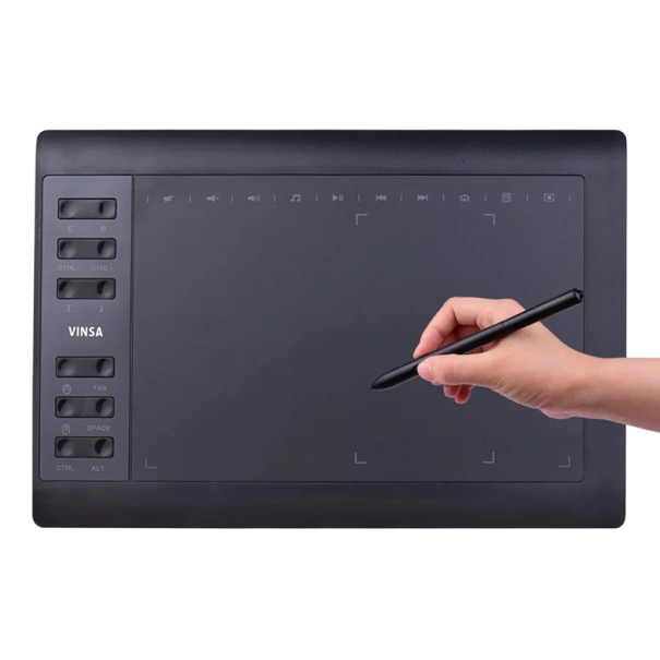 Profesionální grafický tablet VINSA 8192 úrovní tlaku 12 expresních a 10 softwarových kláves 36 x 24 x 1,1 cm Černý pro kreslení a grafiku 1