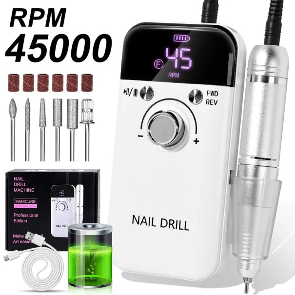 Professional 45000RPM Electric Portable Nail Grinder 15 x 14 x 7.1 cm Ultra Quiet Vibration-Free USB-C Charging LCD Display white